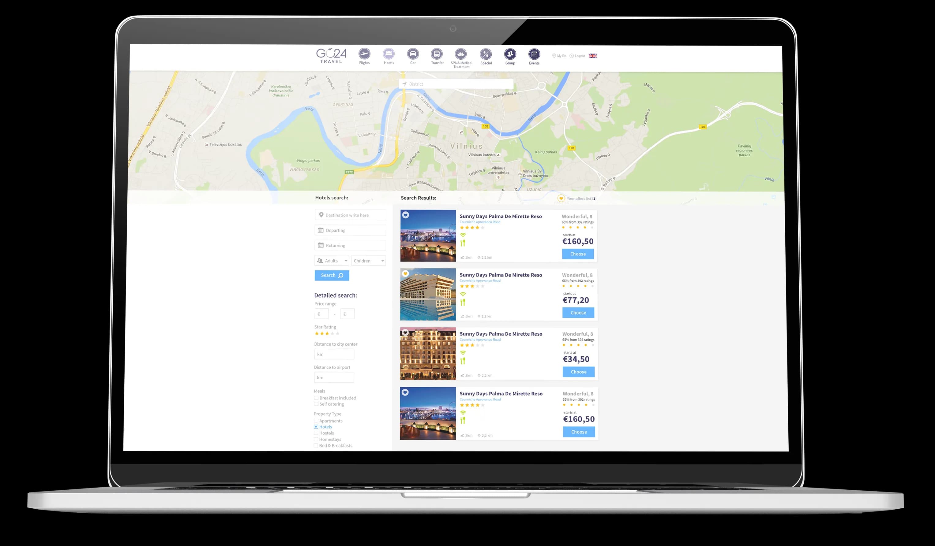 „Go24 Travel“ interneto programėlės dizainas nešiojamojo kompiuterio ekrane
